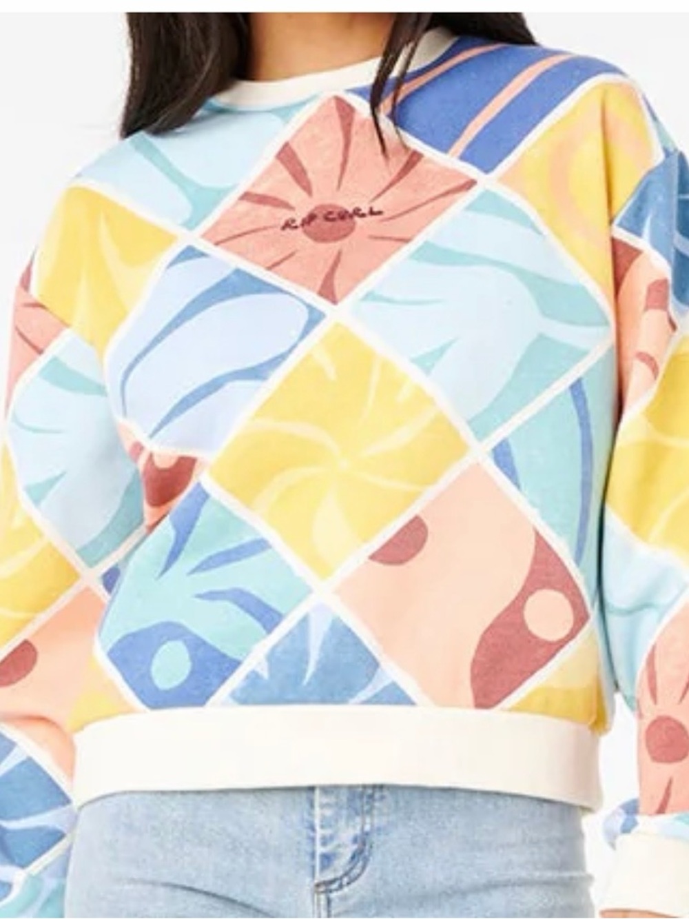 Rip Curl Pastel Patchwork Crewneck Sweater in Blue, Yellow, Pink, Cream